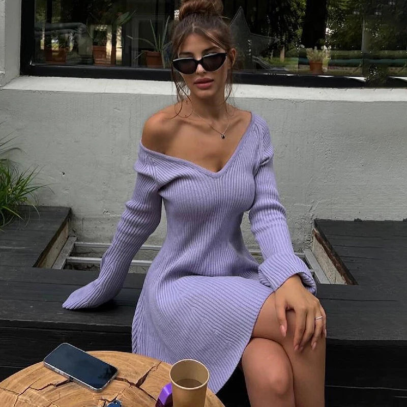 TARUXY Autumn Winter Sweater Dress Sexy Off-Shoulder Women's A-Line Hem Elegant Rib Knit Mini Dresses Long Sleeve Higt Waisted