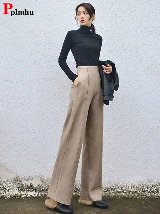 Super High Waist Wool Blend Pants Fall Winter Womens Warm Straight Trousers Loose Cashmere Thick Woolen Wide Leg Pantalones New