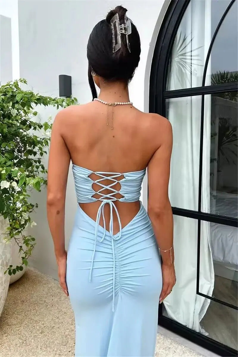 Strapless Backless Lace-up Maxi Dress