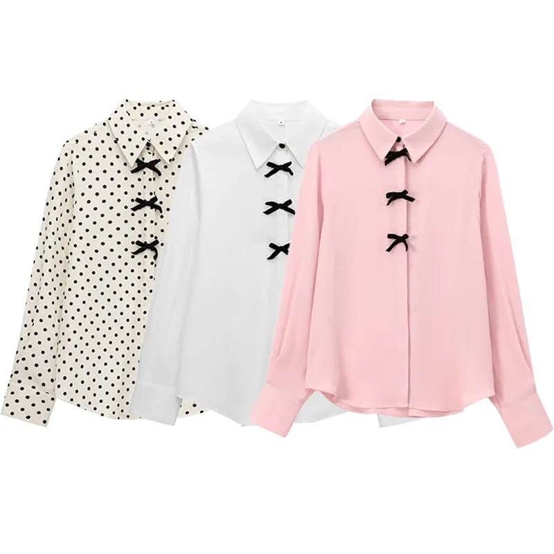 TRAFZA Autumn Fashion Women Blouses Pink Turn-Down Collar Long Sleeve Bow Decorate Single Breasted Female Casual Chic Shirts