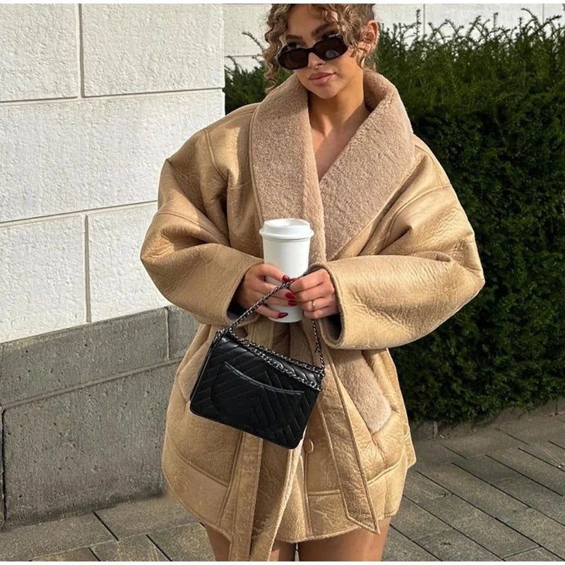 Thick Leather Jacket Women Winter Fashion Plush Single Breasted Turn-down Collar Belts Elegant Coat Female Long Sleeve Overcoat