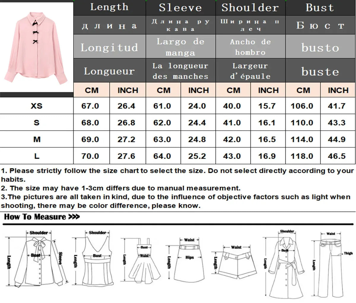 TRAFZA Autumn Fashion Women Blouses Pink Turn-Down Collar Long Sleeve Bow Decorate Single Breasted Female Casual Chic Shirts