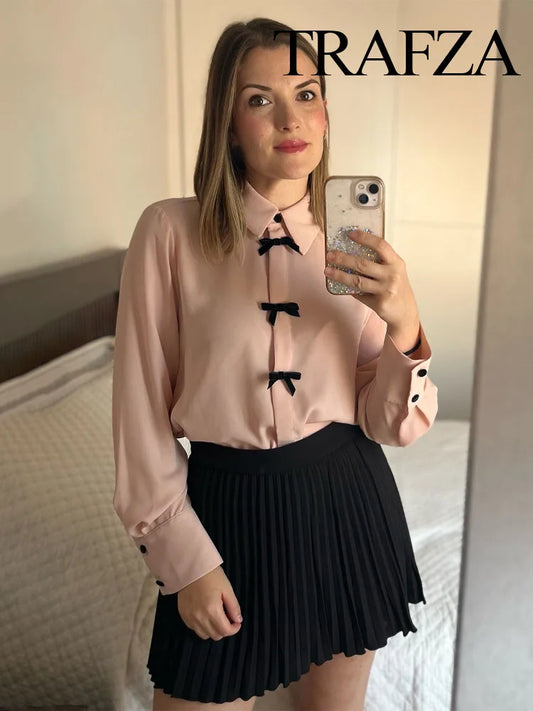 TRAFZA Autumn Fashion Women Blouses Pink Turn-Down Collar Long Sleeve Bow Decorate Single Breasted Female Casual Chic Shirts