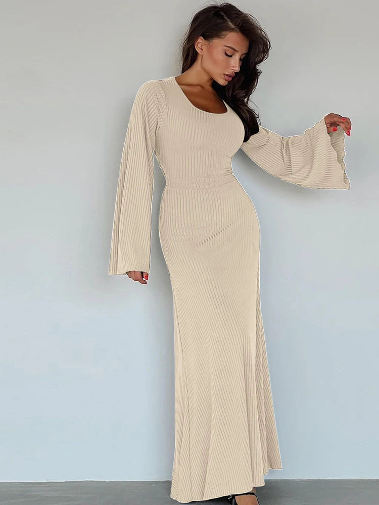 Dulzura Solid Ribbed Trumpet Sleeves Maxi Dress Back Lace-Up Straps Elegant Casual 2023 Autumn Winter For Women Birthday