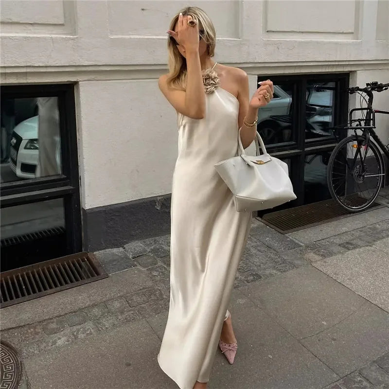 TRAF Flower Satin Long Dress Women Off Shoulder Halter Backless Dress Woman Summer Elegant Party Dresses Sexy Evening Dresses