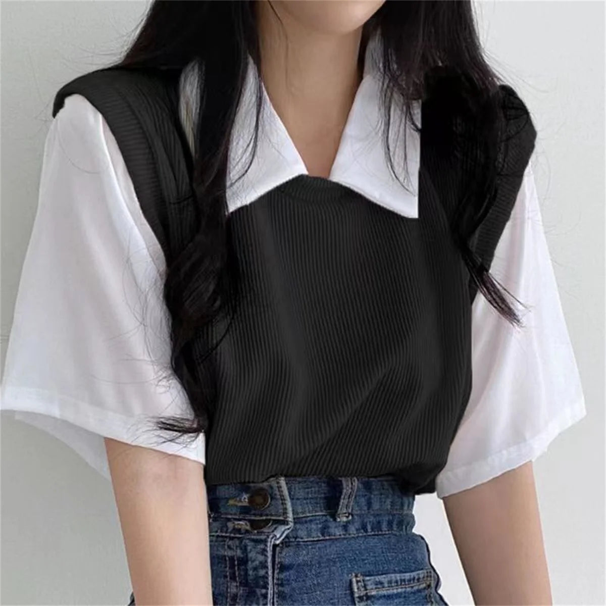 Summer Blouse Women Korean Style False Two-piece Polo Collar Blouses Y2k Tops Streetwear Loose Youth Pullovers Elegant Shirt