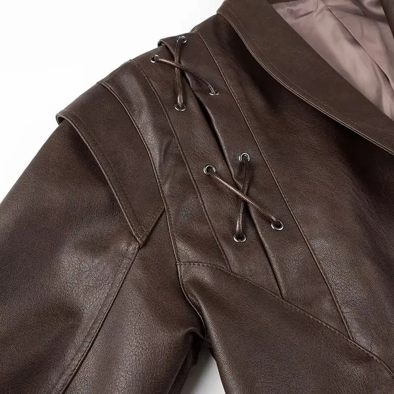 TRAFZA Female Street Leather Jacket 2024 Autumn Women's Versatile Brown Long Sleeves V-neck Single Breasted Lace-up Causal Coats