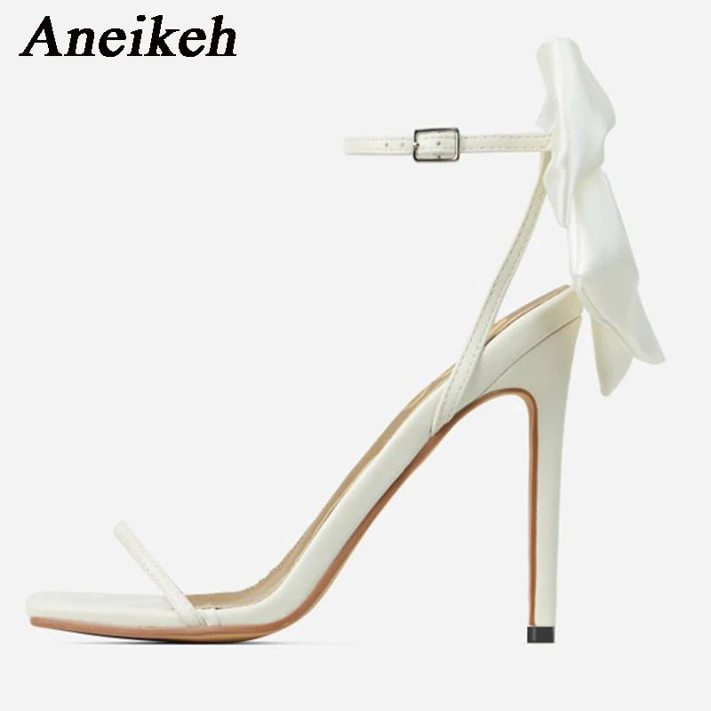 Aneikeh 2024 Summer PU Butterfly-Knot Sandals Square Toe Thin Heels Party Shallow Concise Sweet Buckle Strap Adult Open  Pleated