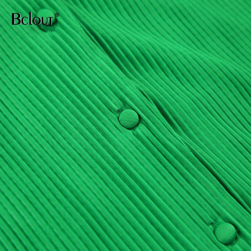 Bclout Green Pleated Sexy Dress Women High Waist Fashion Sashes Shirt Dresses Elegant Party Single Breasted Mini Dress Vintage