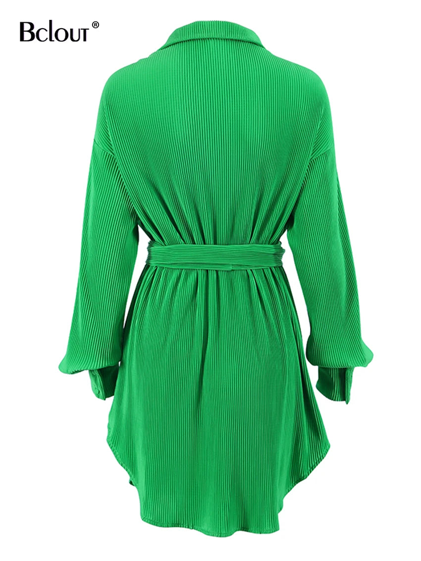 Bclout Green Pleated Sexy Dress Women High Waist Fashion Sashes Shirt Dresses Elegant Party Single Breasted Mini Dress Vintage