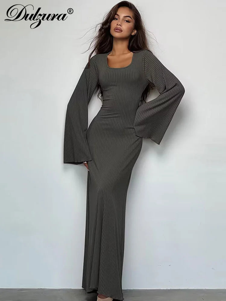 Dulzura Solid Ribbed Trumpet Sleeves Maxi Dress Back Lace-Up Straps Elegant Casual 2023 Autumn Winter For Women Birthday