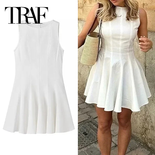 TRAF White Short Dresses For Women 2024 Ruced Sleeveless Mini Dress Woman Summer Elegant Party Dresses Pleated Holiday Dress