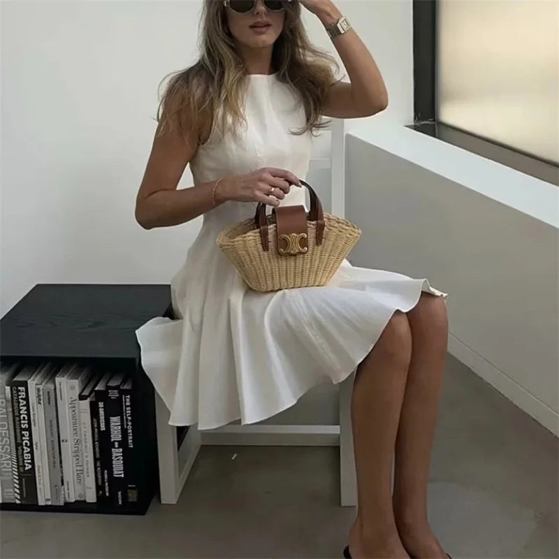 TRAF White Short Dresses For Women 2024 Ruced Sleeveless Mini Dress Woman Summer Elegant Party Dresses Pleated Holiday Dress