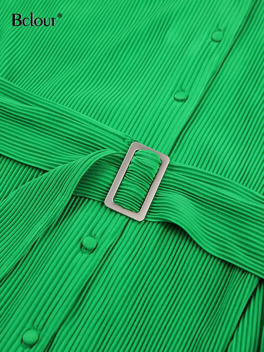 Bclout Green Pleated Sexy Dress Women High Waist Fashion Sashes Shirt Dresses Elegant Party Single Breasted Mini Dress Vintage