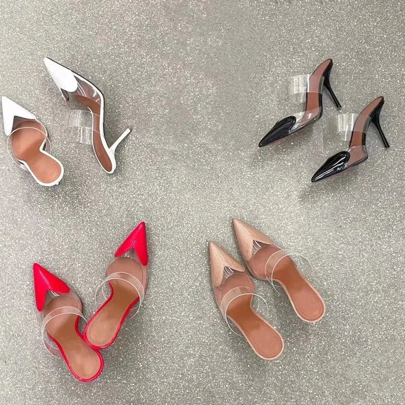 Star style Fashion Transparent PVC Mixed-color Women Pumps Elegant Pointed toe Thin High heels Slingbacks Mules Party Prom Shoes