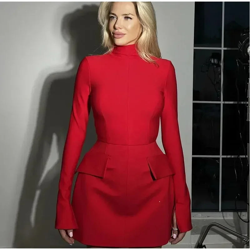 Elegant Long Sleeve Half Turtleneck Dress Women Sexy Autumn Spring Hip Package Skirts for Female 2024 Newest Slim Party Dresses