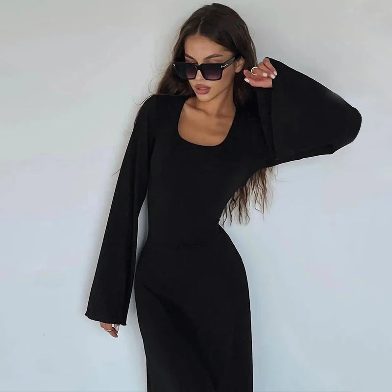 Dulzura Solid Ribbed Trumpet Sleeves Maxi Dress Back Lace-Up Straps Elegant Casual 2023 Autumn Winter For Women Birthday