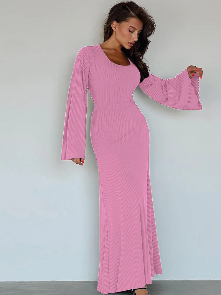 Dulzura Solid Ribbed Trumpet Sleeves Maxi Dress Back Lace-Up Straps Elegant Casual 2023 Autumn Winter For Women Birthday