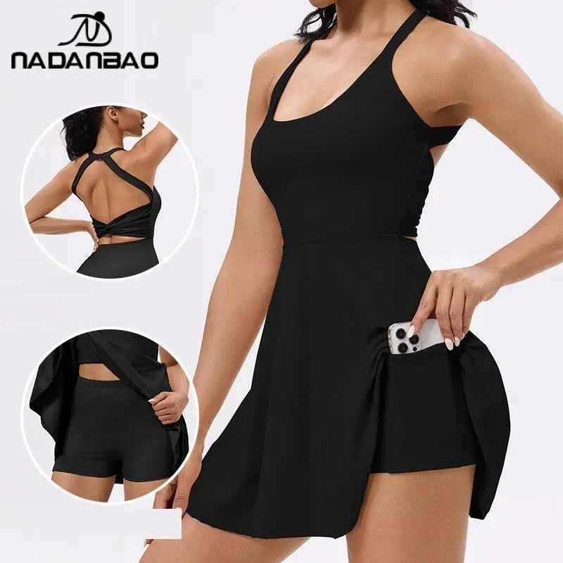 Nadanbao Outdoor Sports Golf Tennis Dress Women Gym Slim Quick-Dry Tennis Dress Female Bring Shorts Fashion Backless Yoga Dress