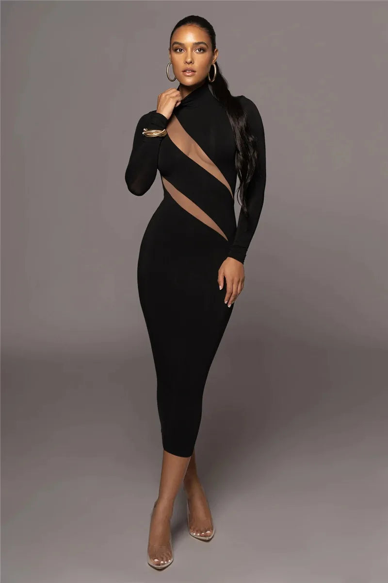 Mozision Elegant Long Sleeve Bodycon Sexy Maxi Dress For Women Autumn Winter Fashion Half High Collar Club Party Sexy Long Dress