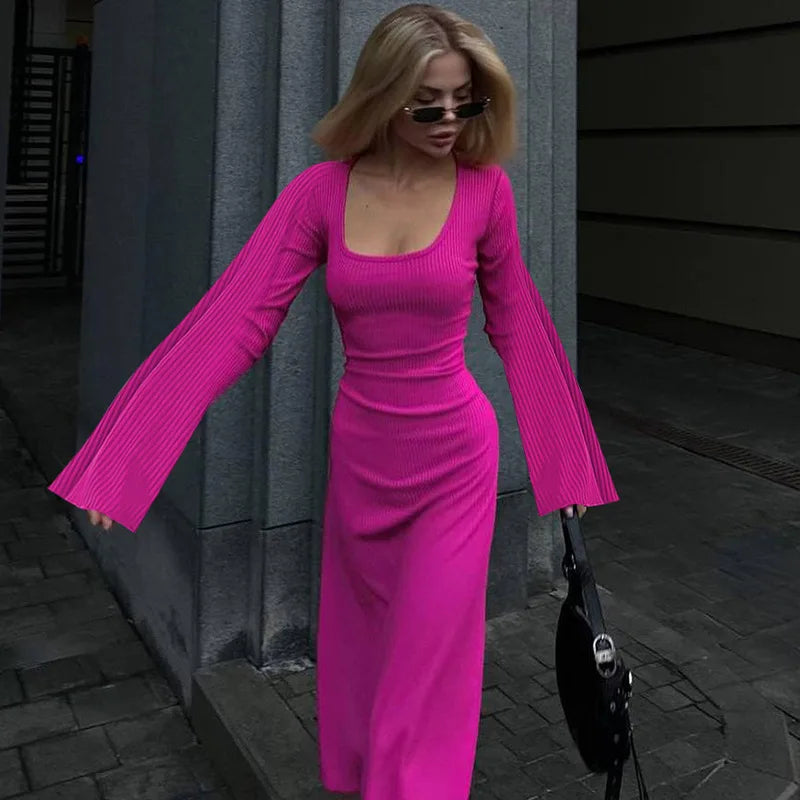 Solid Ribbed Trumpet Long Sleeve Maxi Dress Back Lace-Up Straps Elegant Casual  For Women A little thinner Dresses All seasons