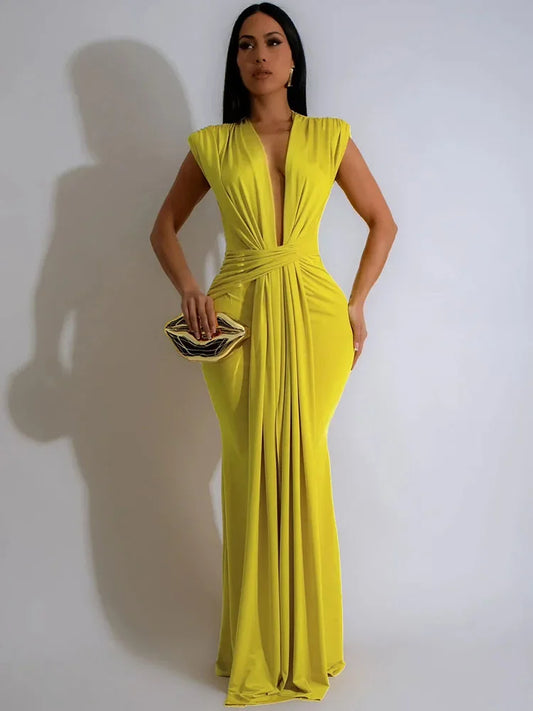 Elegant Ruched Bodycon Maxi Dresses for Women Birthday Night Party Evening Prom Deep V-neck Sheath Celebrity Formal Long Dress