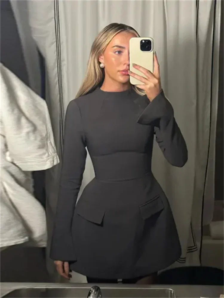 Elegant Long Sleeve Half Turtleneck Dress Women Sexy Autumn Spring Hip Package Skirts for Female 2024 Newest Slim Party Dresses