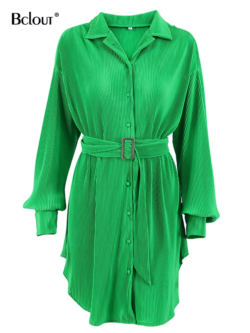 Bclout Green Pleated Sexy Dress Women High Waist Fashion Sashes Shirt Dresses Elegant Party Single Breasted Mini Dress Vintage