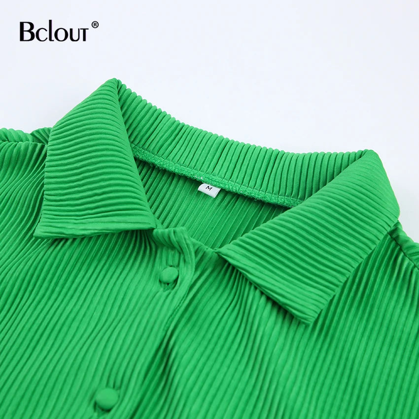 Bclout Green Pleated Sexy Dress Women High Waist Fashion Sashes Shirt Dresses Elegant Party Single Breasted Mini Dress Vintage