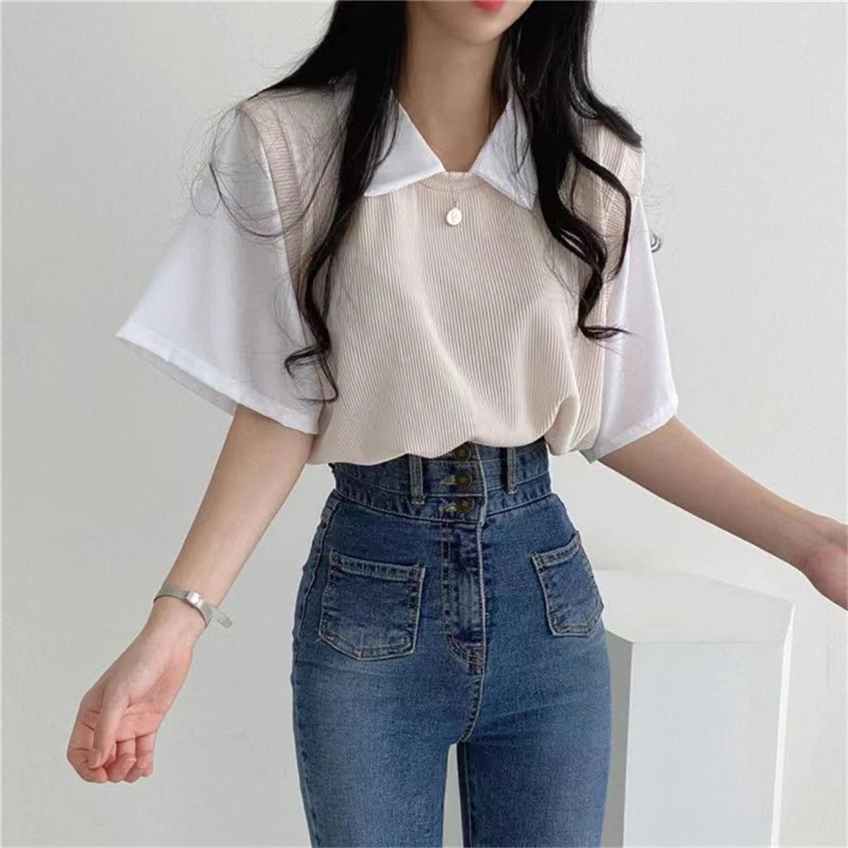 Summer Blouse Women Korean Style False Two-piece Polo Collar Blouses Y2k Tops Streetwear Loose Youth Pullovers Elegant Shirt