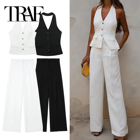 TRAF Pants Sets For Women 2 Pieces Off Shoulder Sleeveless Vest Woman Outfit Fashion Wide Leg Pants Elegant Casual Women's Set