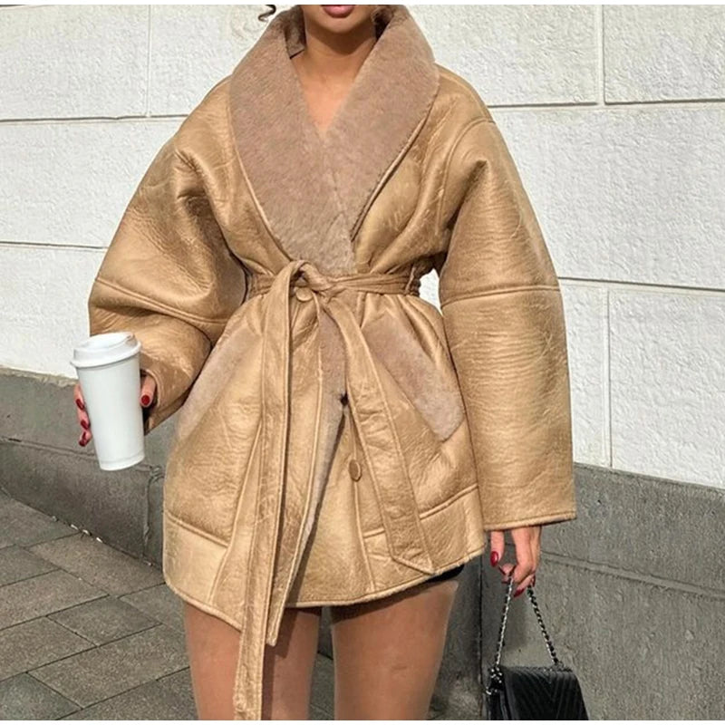 Thick Leather Jacket Women Winter Fashion Plush Single Breasted Turn-down Collar Belts Elegant Coat Female Long Sleeve Overcoat