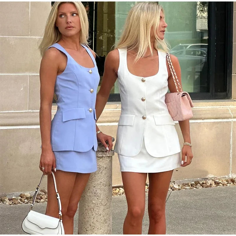 Elegant Solid Mini Skirt Sets Women Square Collar Pockets Tank Top Hip Package Short Skirts 2 Pieces Sets Office Lady Chic Suits