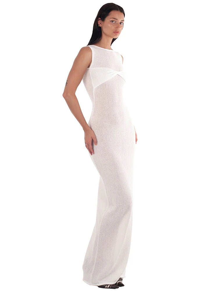 Knitted Round Neck Ruched Maxi Dress