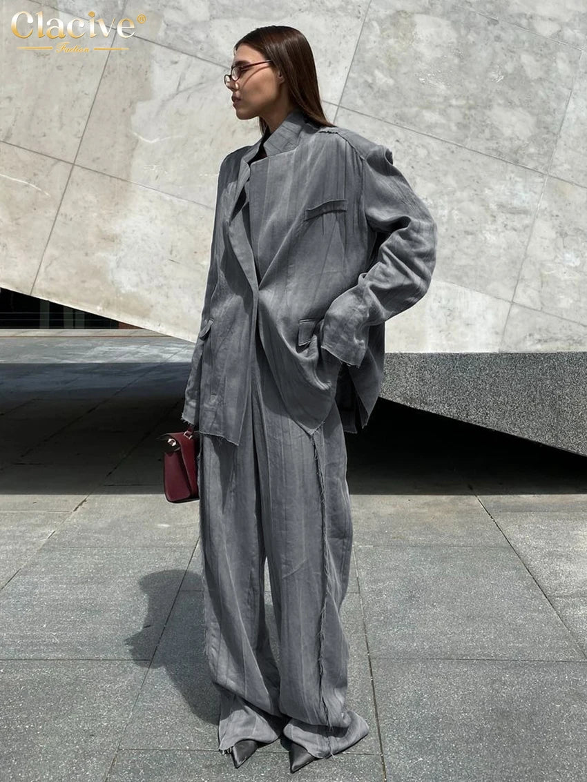 Clacive Fashion Loose Gray 2 Piece Sets Women Outfit 2025 Elegant Long Sleeve Blazer With High Waist Wide Pants Set Female