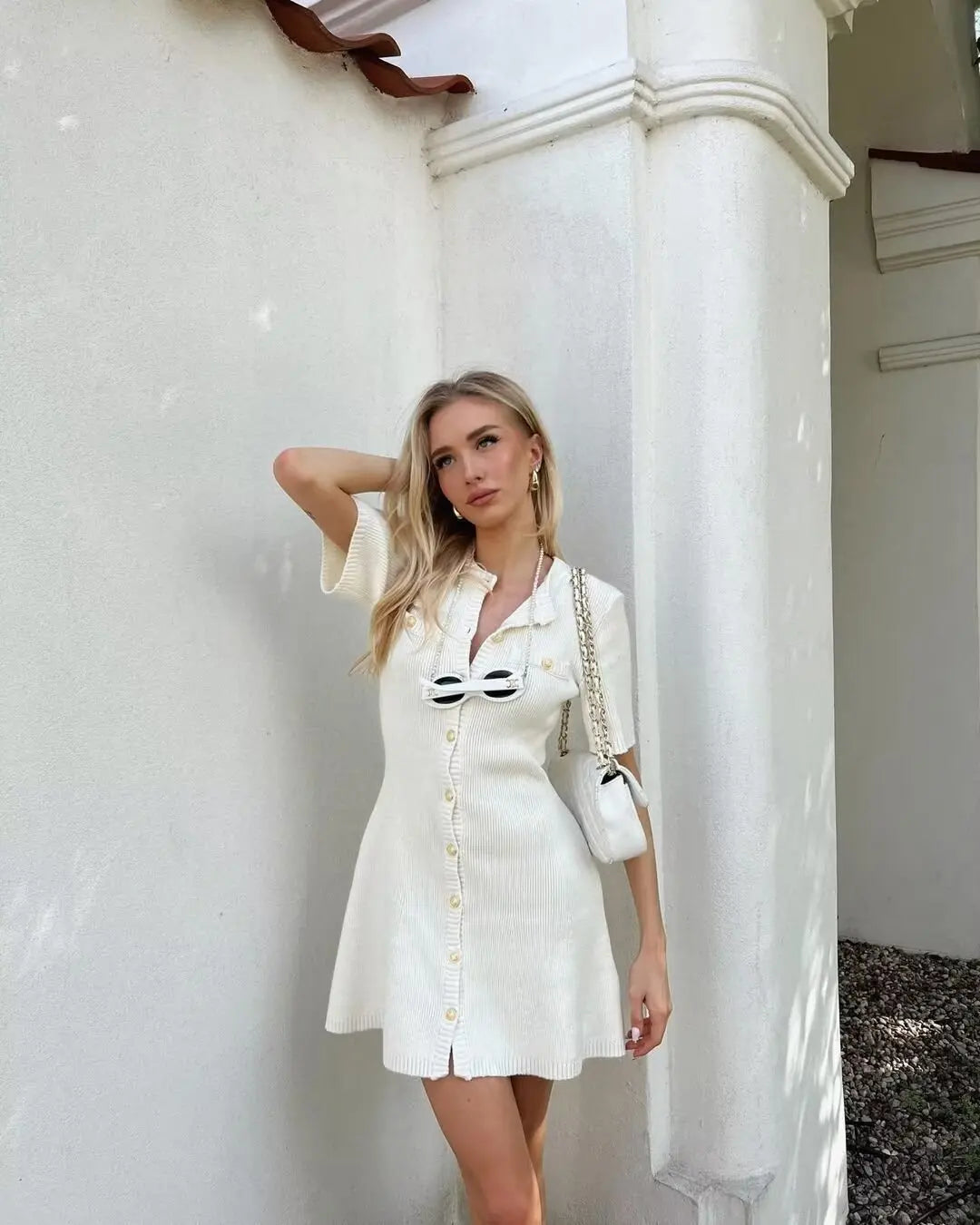 Tossy White Knit Mini Dress For Women Fashion Short Sleeve Patchwork Pocket Loose Elegant Dress Women's Knitwear Mini Dress 2024