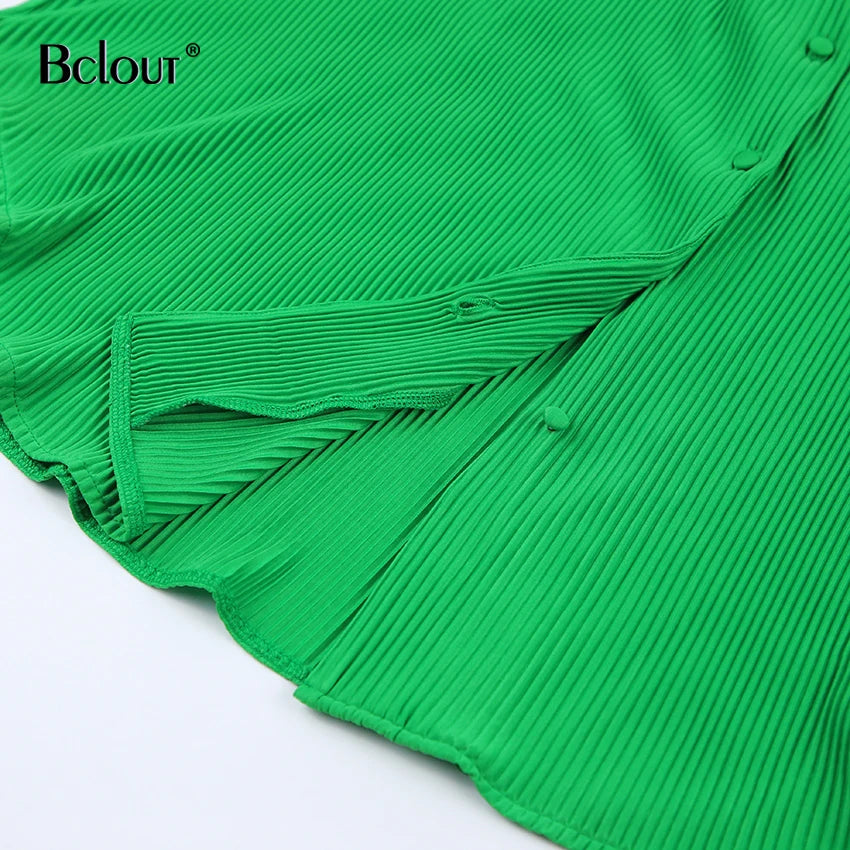 Bclout Green Pleated Sexy Dress Women High Waist Fashion Sashes Shirt Dresses Elegant Party Single Breasted Mini Dress Vintage