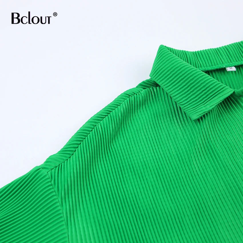 Bclout Green Pleated Sexy Dress Women High Waist Fashion Sashes Shirt Dresses Elegant Party Single Breasted Mini Dress Vintage