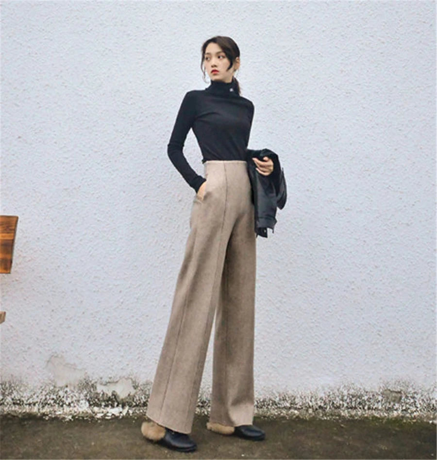 Super High Waist Wool Blend Pants Fall Winter Womens Warm Straight Trousers Loose Cashmere Thick Woolen Wide Leg Pantalones New