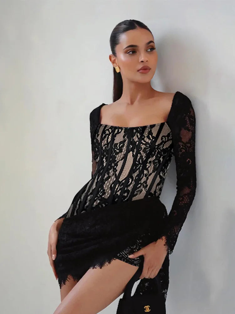 Black Lace Draped Dress