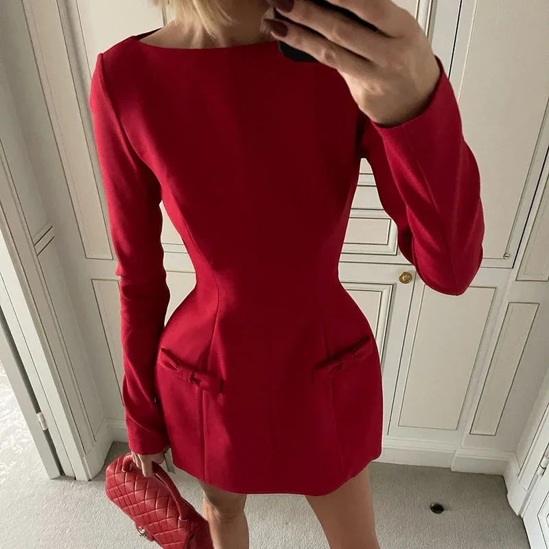 TARUXY Bows Splice Long Sleeve Mini Dress Elegant Office Woman Solid Bodycon Club Party Dresses 2024 Autumn High Waist Fashion