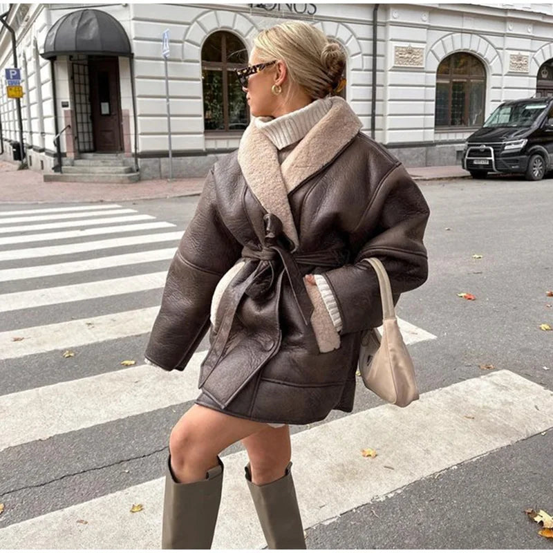 Thick Leather Jacket Women Winter Fashion Plush Single Breasted Turn-down Collar Belts Elegant Coat Female Long Sleeve Overcoat