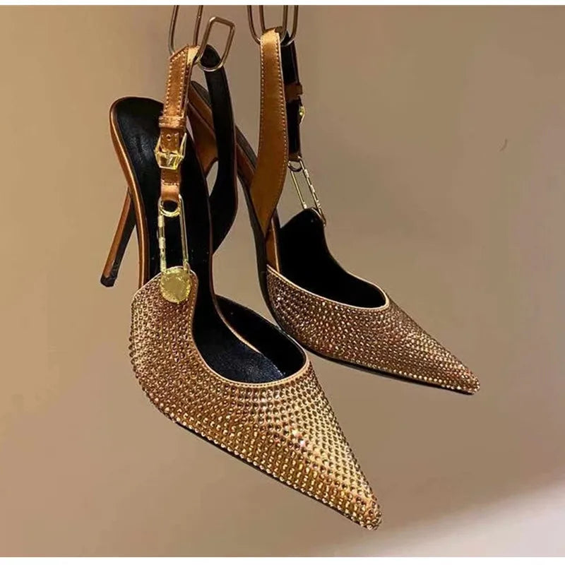 Luxury Rhinestones Sequined Buckle Women Pumps Elegant Pointed toe Slingbacks Stiletto High heels Spring Summer Fashion Shoes