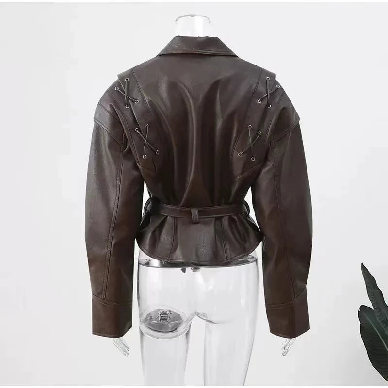 TRAFZA Female Street Leather Jacket 2024 Autumn Women's Versatile Brown Long Sleeves V-neck Single Breasted Lace-up Causal Coats