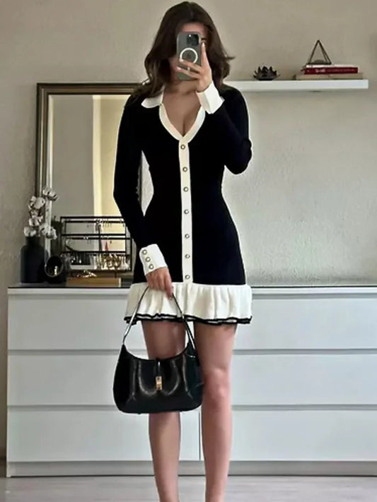 Tossy Ruffled Bow Knit Mini Dress Women's Summer Backless Contrast Cardigan Lace-Up Elegant Dress Female Knitwear Bandage Dress