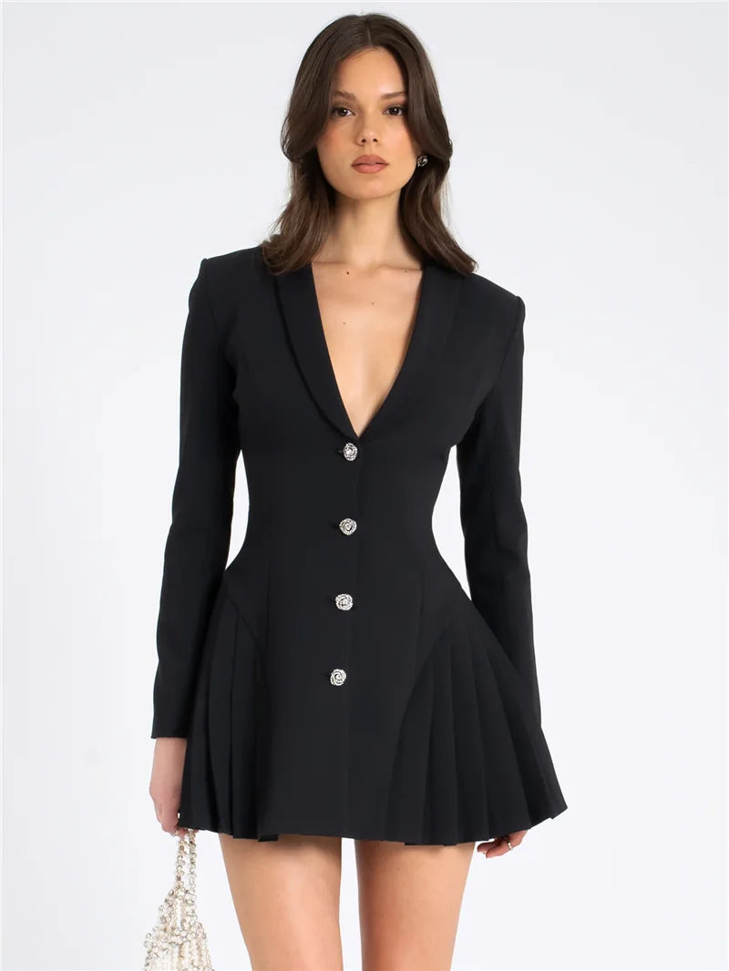 Single Breasted Pleated Blazer Mini Dress