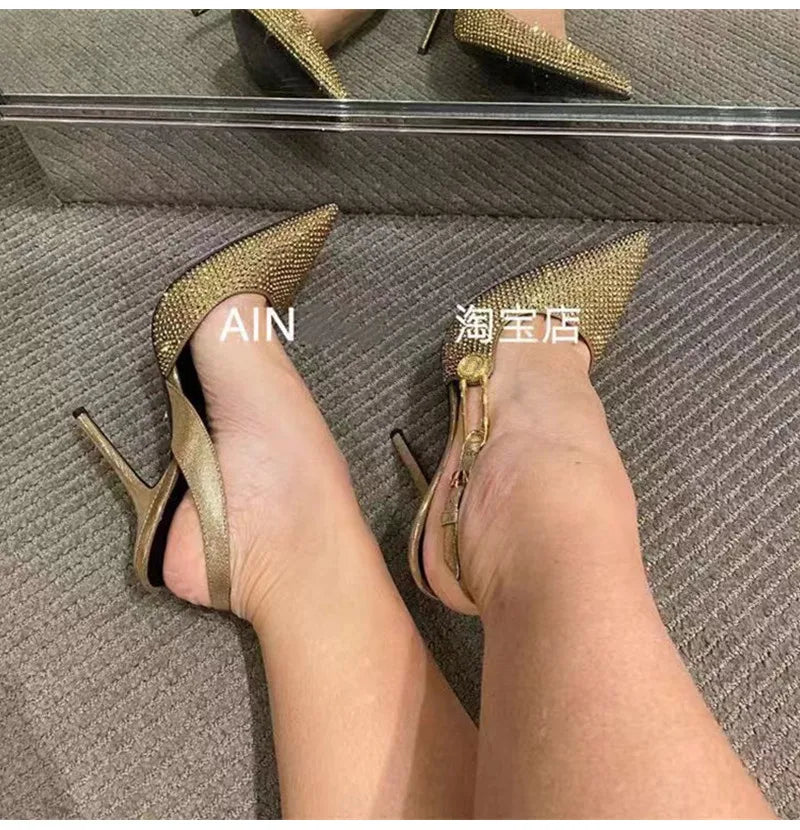 Luxury Rhinestones Sequined Buckle Women Pumps Elegant Pointed toe Slingbacks Stiletto High heels Spring Summer Fashion Shoes