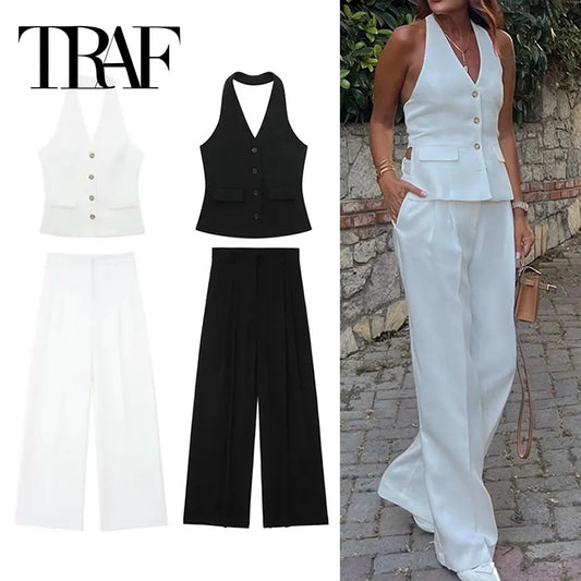 TRAF Women Pants Sets Off Shoulder Sleeveless Vest Top Female Wide Leg Pants Women 2 Piece Set Outfit Elegant Women's Pants Suit