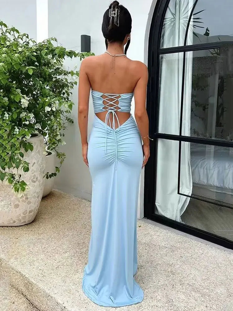 Strapless Backless Lace-up Maxi Dress