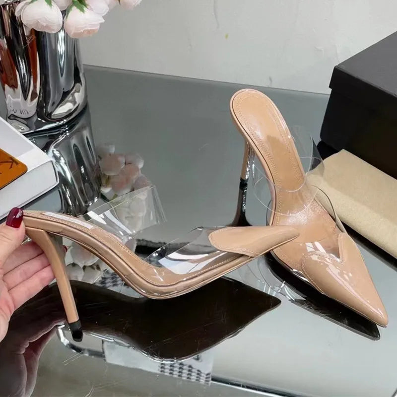 Star style Fashion Transparent PVC Mixed-color Women Pumps Elegant Pointed toe Thin High heels Slingbacks Mules Party Prom Shoes